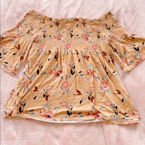yellow floral off the shoulder short sleeve shirt